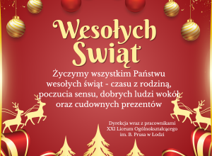 kartka zawierająca życzenia wesołych świat oraz rysunki bombek, jeleni i choinek