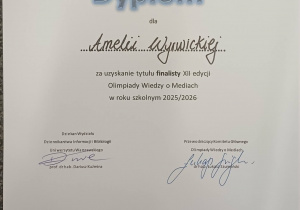 Amelia Wyrwicka finalistką Olimpiady Wiedzy o Mediach